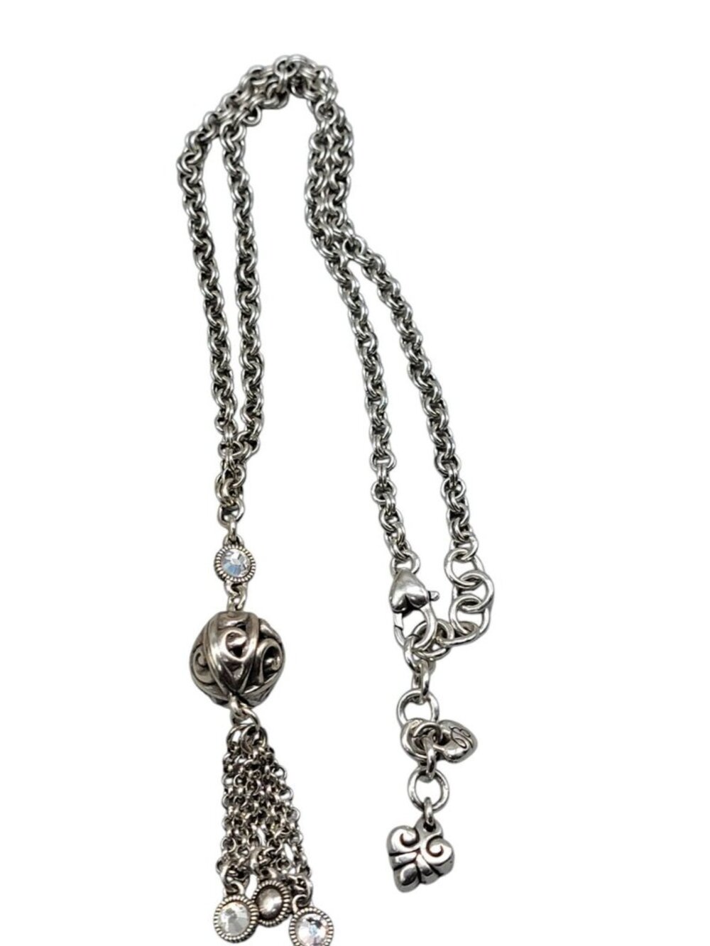 Brighton Venetian Dreams Necklace Silver Tone Filigree Ball Tassel Crystal Accen